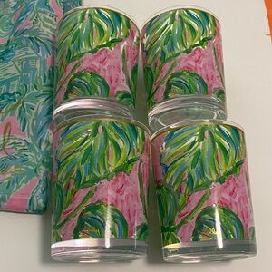 Lilly Pulitzer Pink and Green Tropical Print Fabric bag with 4 matching tumblers